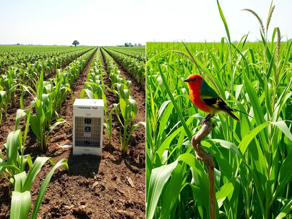 Pheromone traps monitor pest presence, while bird perches invite natural predators.
