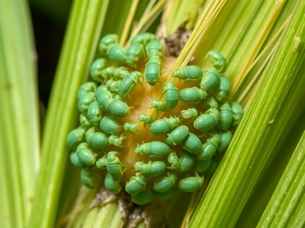 Aphids weaken maize by sucking sap and spreading sooty mold."
