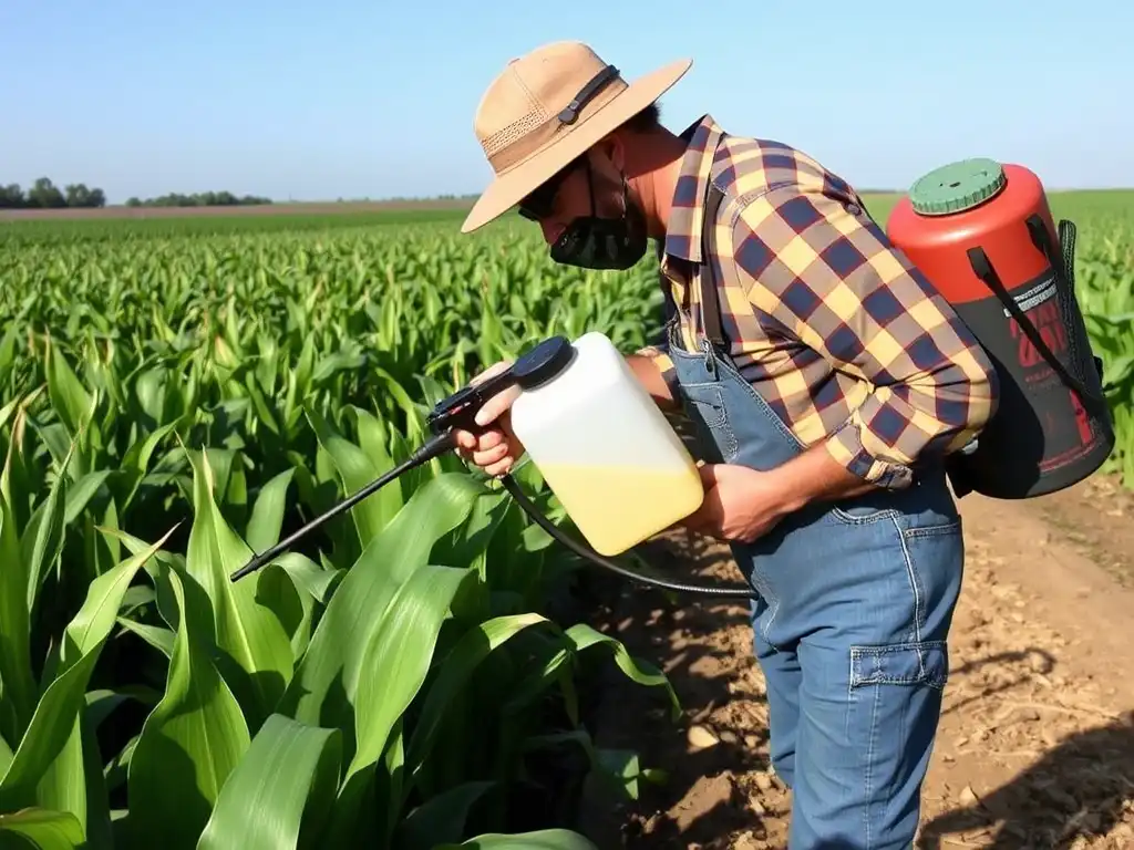 Applying chemical spray to combat leaf blight.