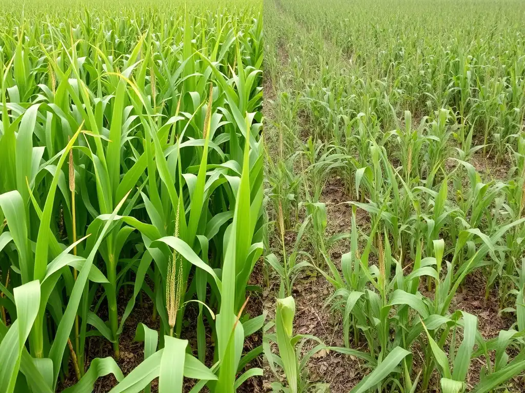 Cornfield before and after weed control.