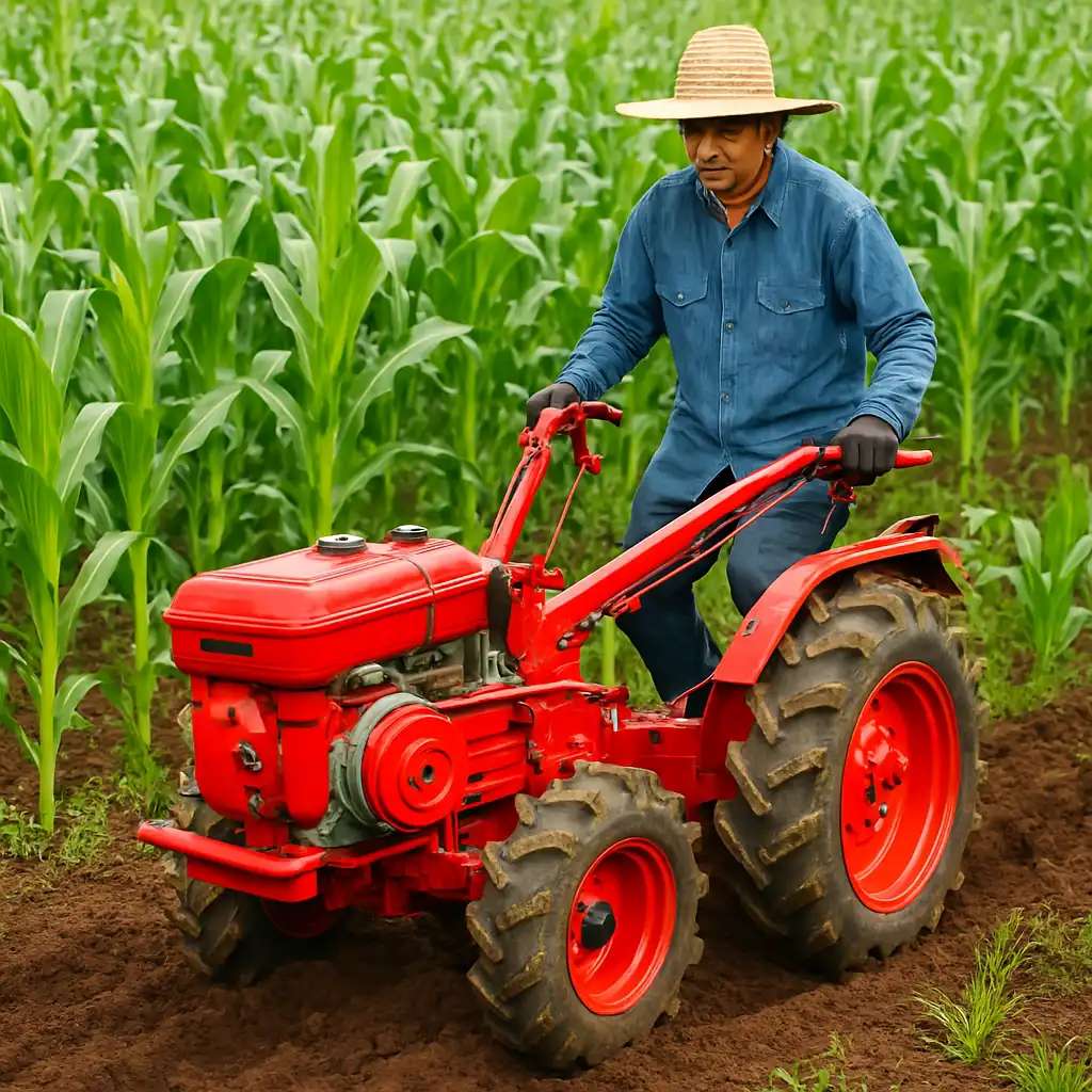 A vibrant photo of a farmer operating a tractor or power tiller in a maize field, showcasing modern machinery in action.