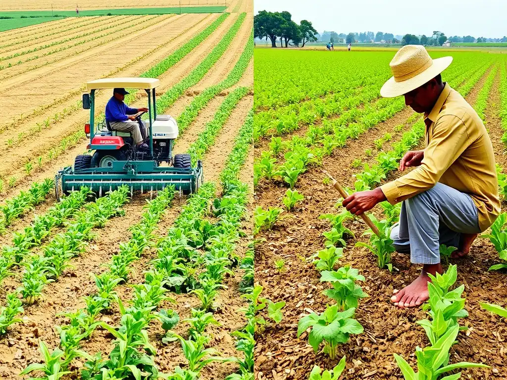A collage or split image showing a farmer using a multi-crop planter on one side and a traditional manual sowing method on the other, highlighting the contrast between modern and traditional farming.