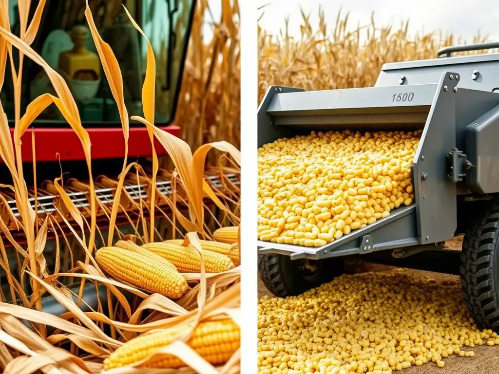 A close-up of a combine harvester cutting maize or a maize dehusker-cum-sheller in operation, with golden maize cobs in focus.