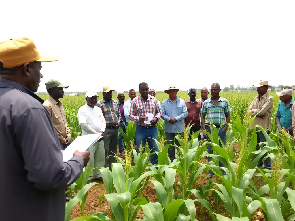 A group of farmers attending a training session or a demonstration field with hybrid maize plants, possibly with a government official distributing seeds or fertilizers.