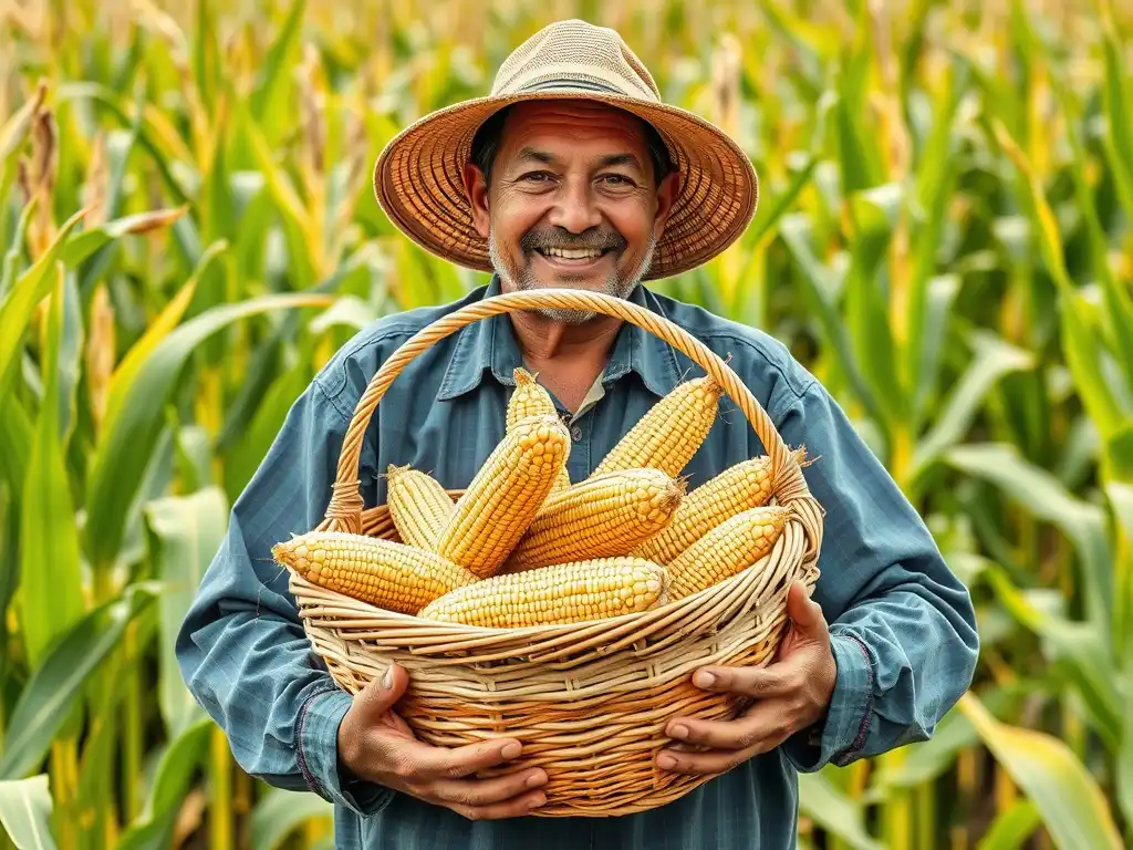 A farmer holding a basket of harvested maize cobs, smiling at the camera, with a backdrop of a lush maize field.