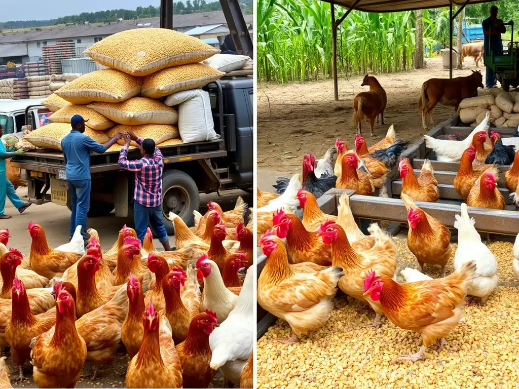 A market scene with sacks of maize being loaded onto a truck or a poultry farm with chickens feeding on maize-based feed.