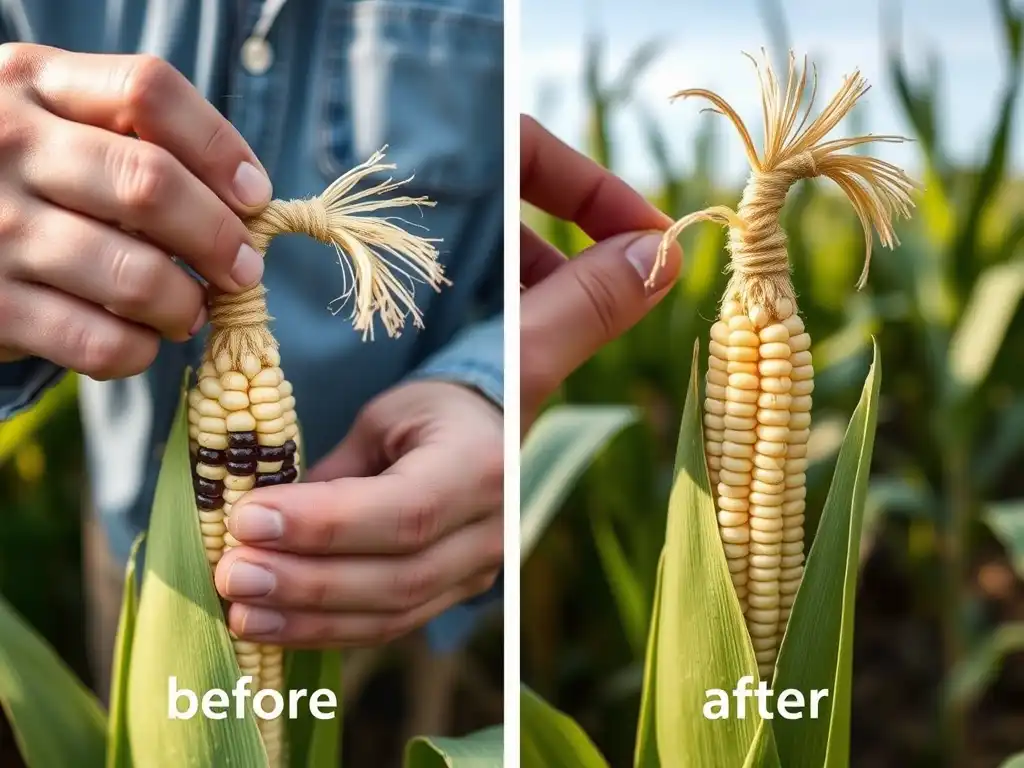 Removing tassels from female plants to ensure hybrid purity."