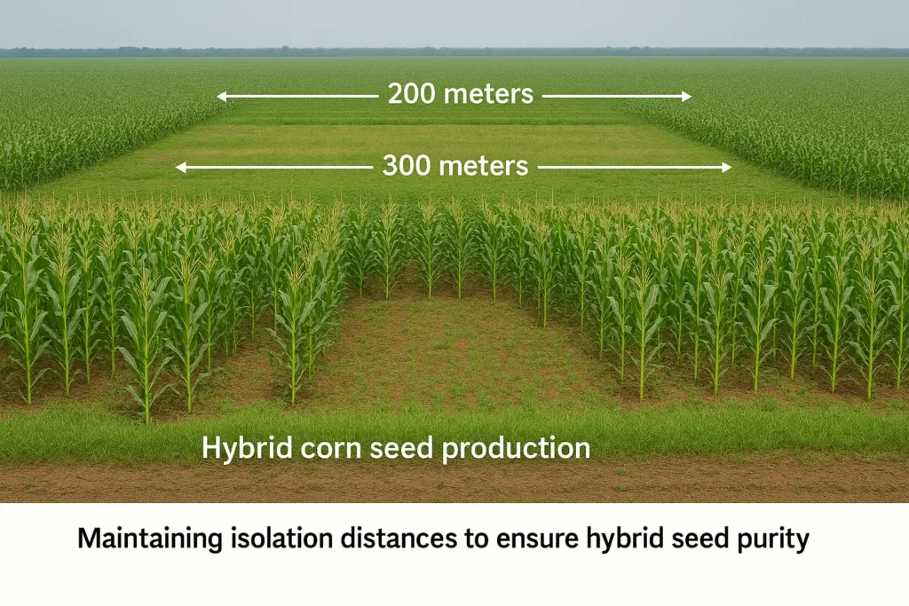 Isolation distances protect hybrid corn seeds from unwanted pollination."