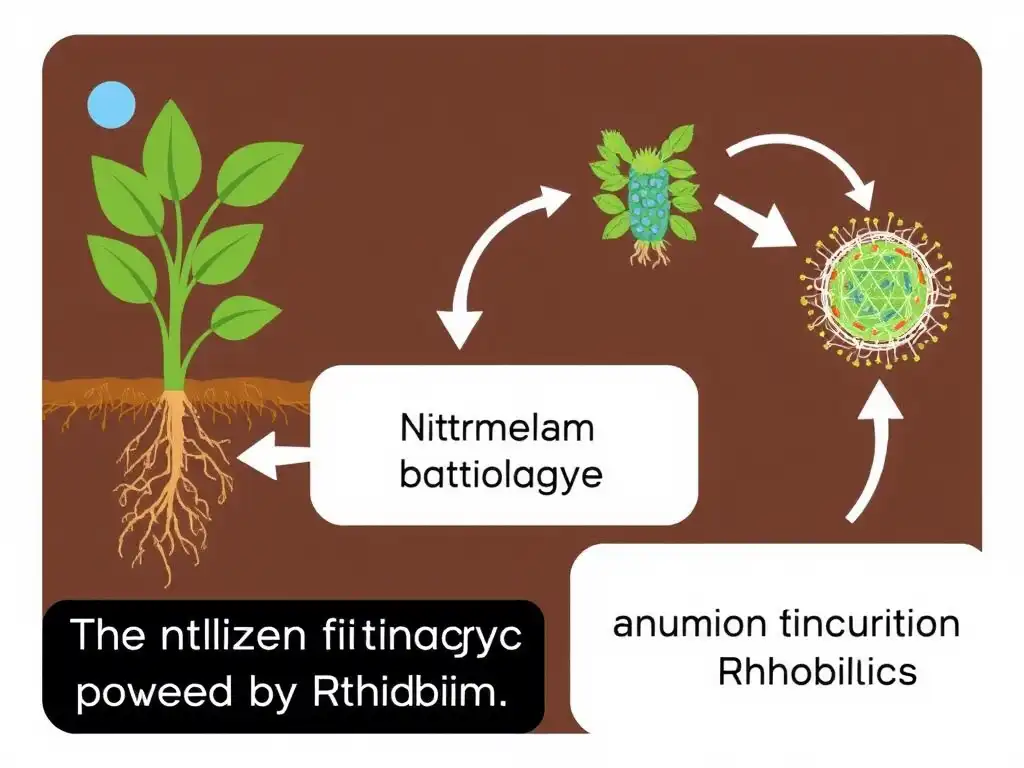 Flowchart depicting the nitrogen fixation process, showing Rhizobium bacteria in root nodules converting atmospheric nitrogen into soil nutrients.