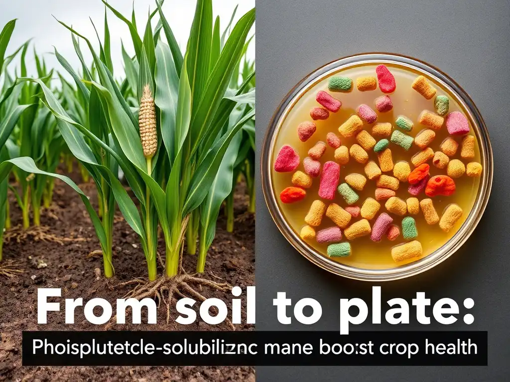 Split image of a healthy maize crop with strong roots in nutrient-rich soil and a petri dish with colorful Pseudomonas or Aspergillus phosphate-solubilizing microbes, highlighting their agricultural benefits.