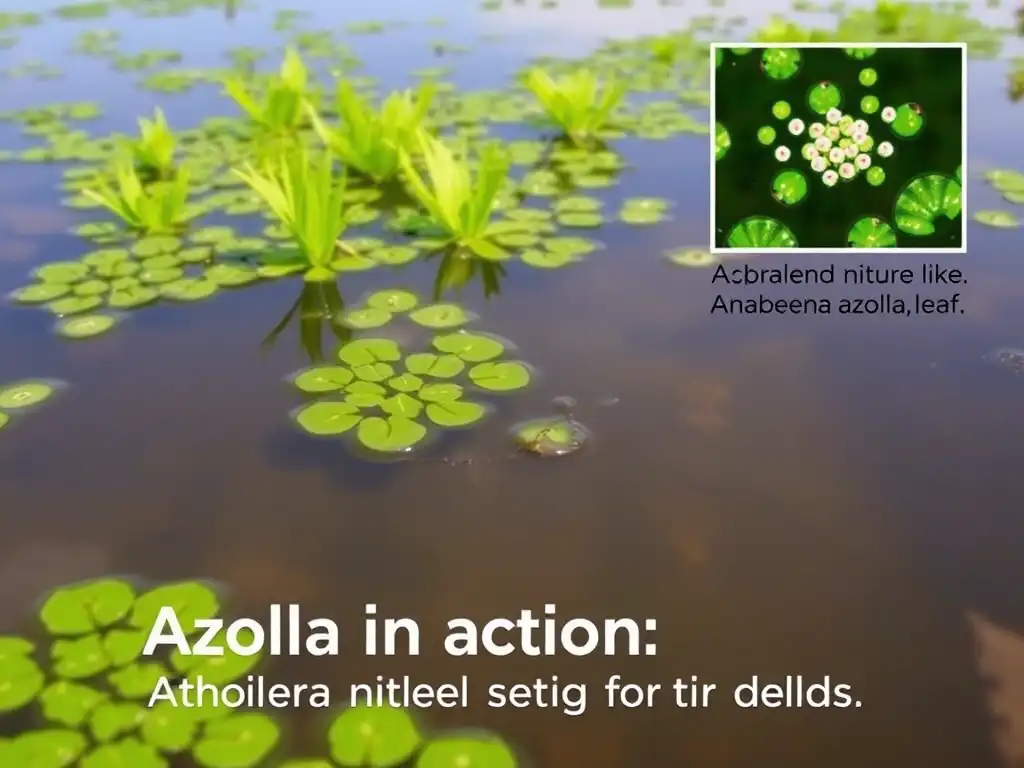 Vibrant green Azolla floating on a waterlogged rice paddy, with a small diagram illustrating the symbiotic relationship between Azolla fern and Anabaena azollae algae in a leaf cross-section.