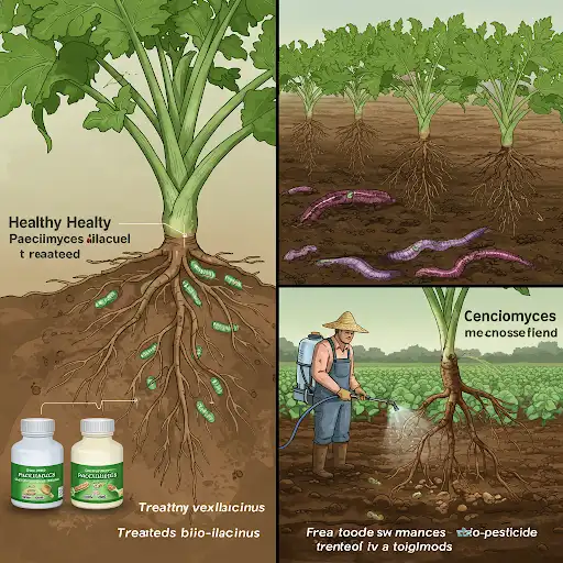 Healthy crop roots protected by Paecilomyces lilacinus against nematode damage.