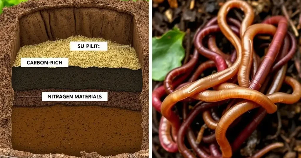Layering organic materials in a compost pit for effective decomposition.