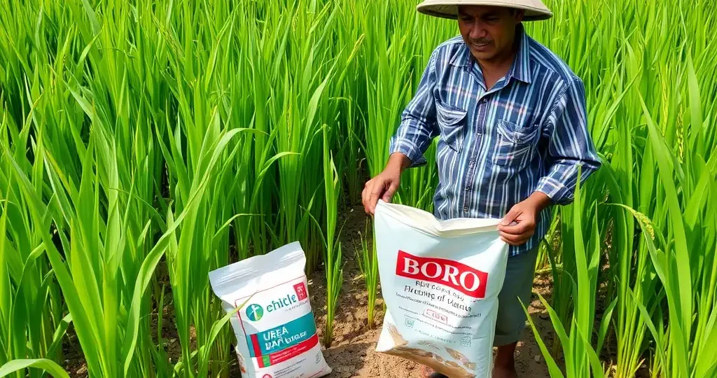 A farmer enriches a Boro rice field with precise fertilizer application for a bountiful harvest.