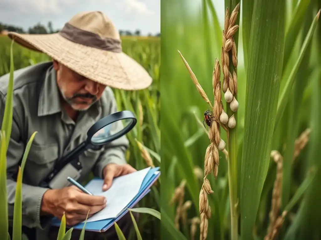 Farmer inspecting rice field for pest damage and beneficial insects.