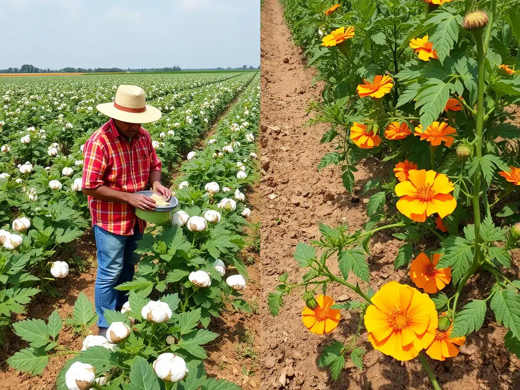 Natural Defenses: Trap crops and bird perches help control chewing pests.