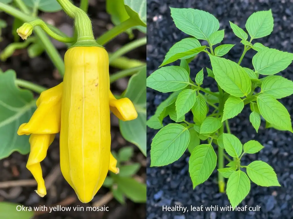 Virus-affected crop showing leaf curl and yellowing symptoms.