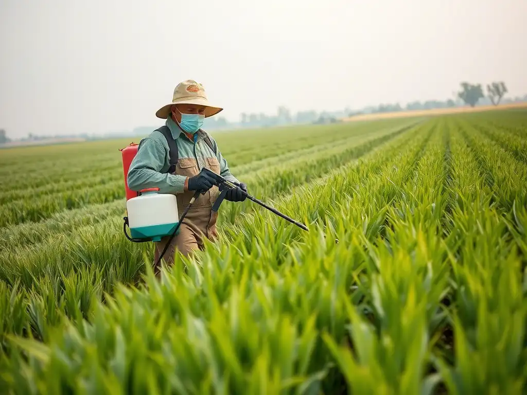 Farmer spraying herbicide in a crop field for weed control.
