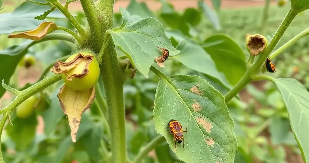 Crop damaged by chewing and sap-sucking pests like caterpillars and aphids.
