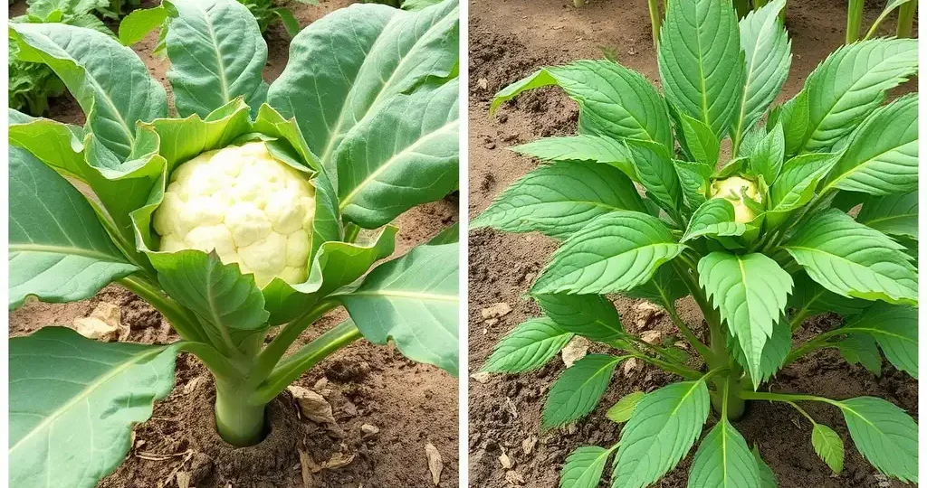 Crop showing micronutrient deficiency symptoms such as hollow stems and curled leaves.
