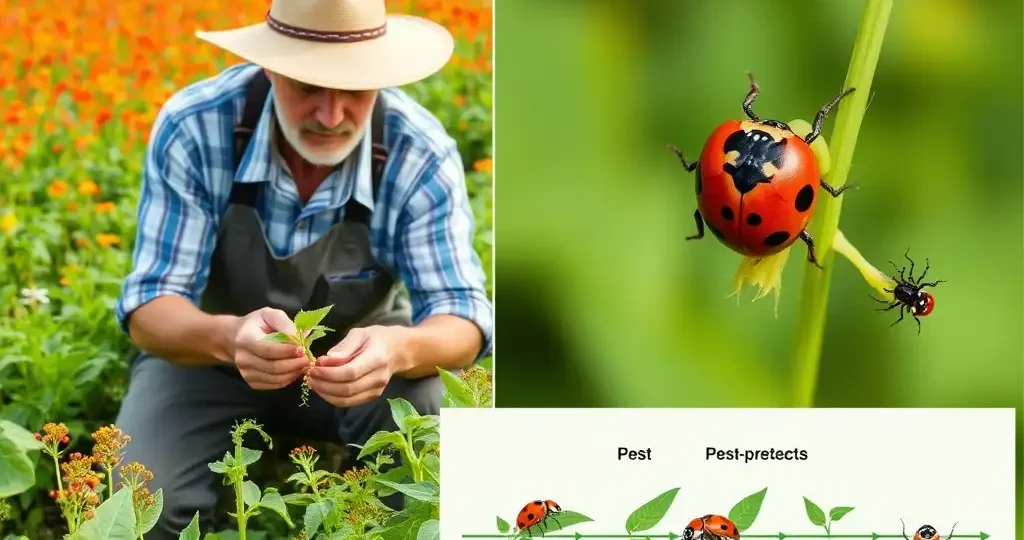 Farmer inspecting crops with beneficial insects for integrated pest management.