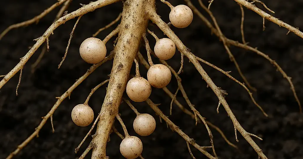 Root nodules housing Rhizobium bacteria.