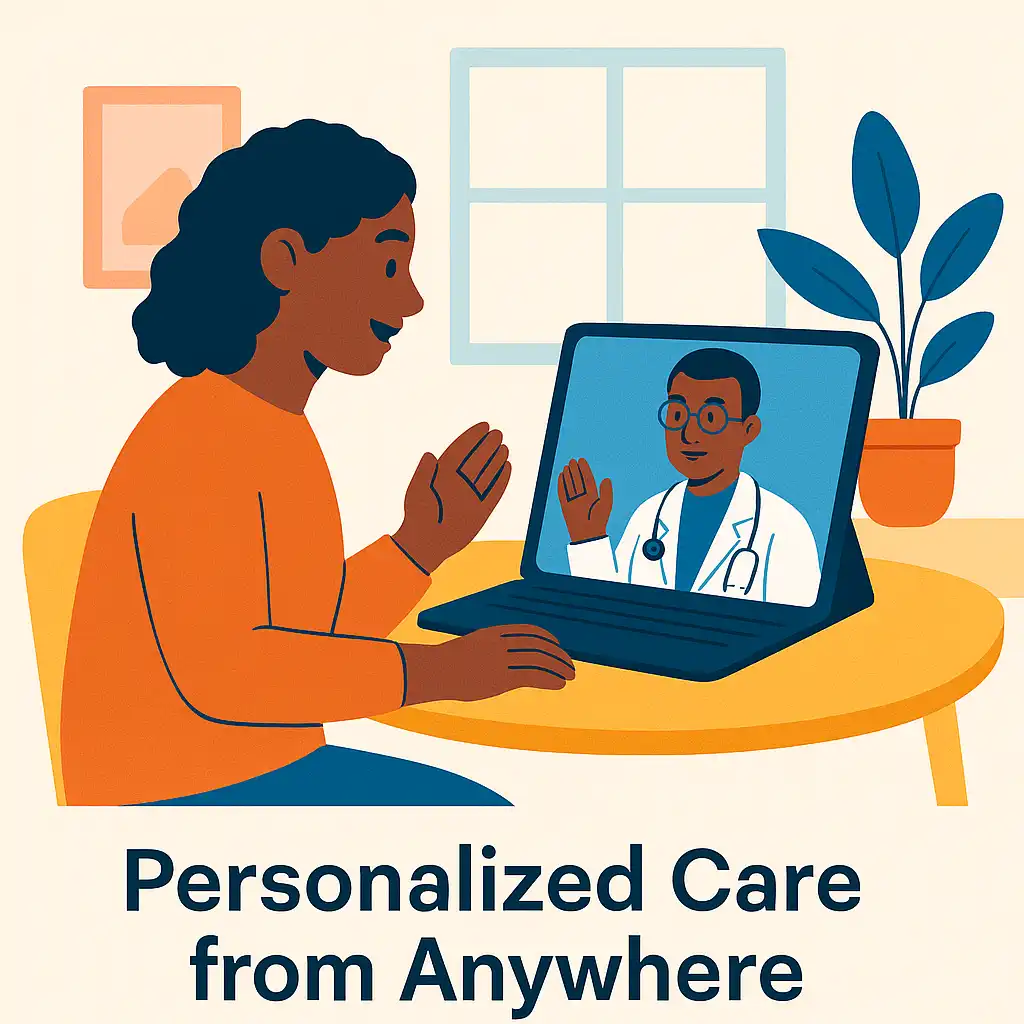 Illustration of a telehealth consultation with Ivim Health, connecting patients and doctors remotely.